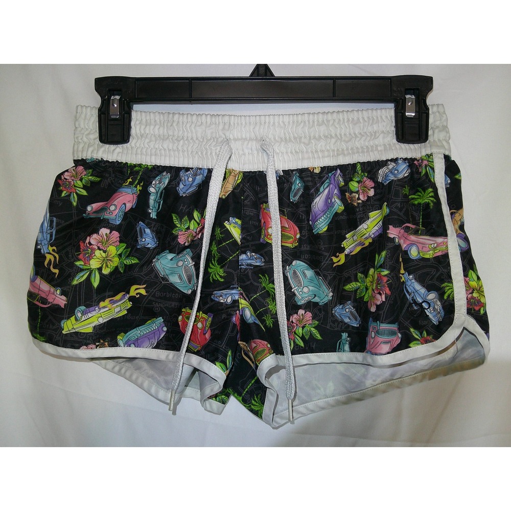 Vintage OP Black Floral Car Print‎ Shorts White Trim Drawstring S